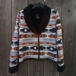VOLCOM BABA BLACK SHEEP SHERPA CARDIGAN M/12 SOUTHWESTERN TRIBAL COLORED BUTTON